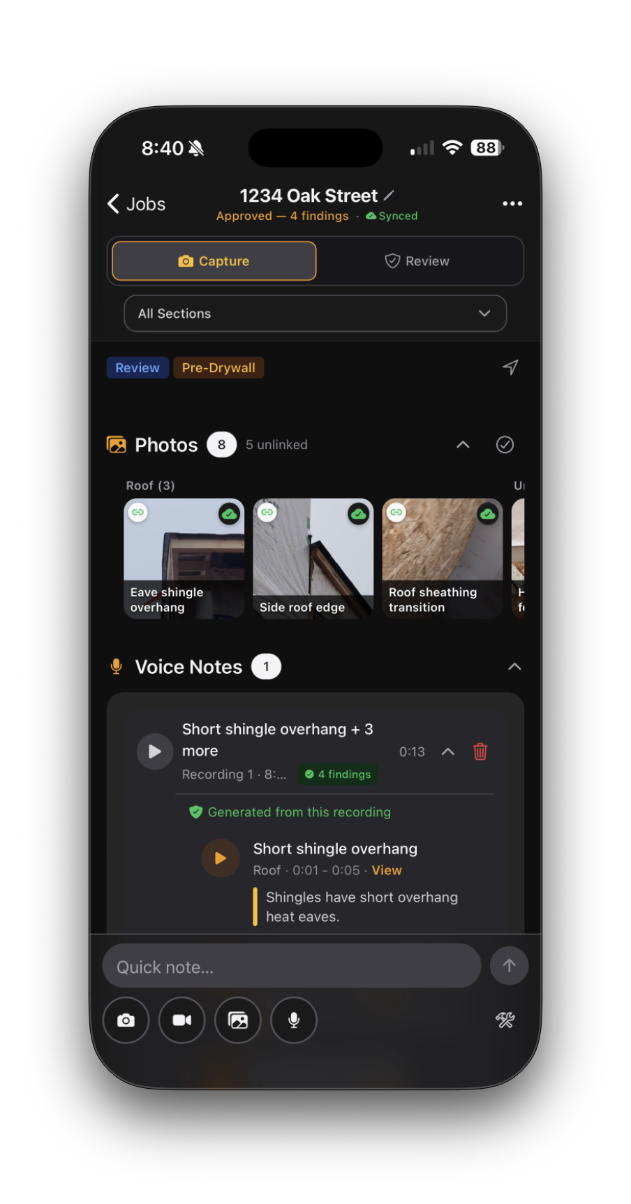 InspectScribe capture workspace showing site photos and voice notes