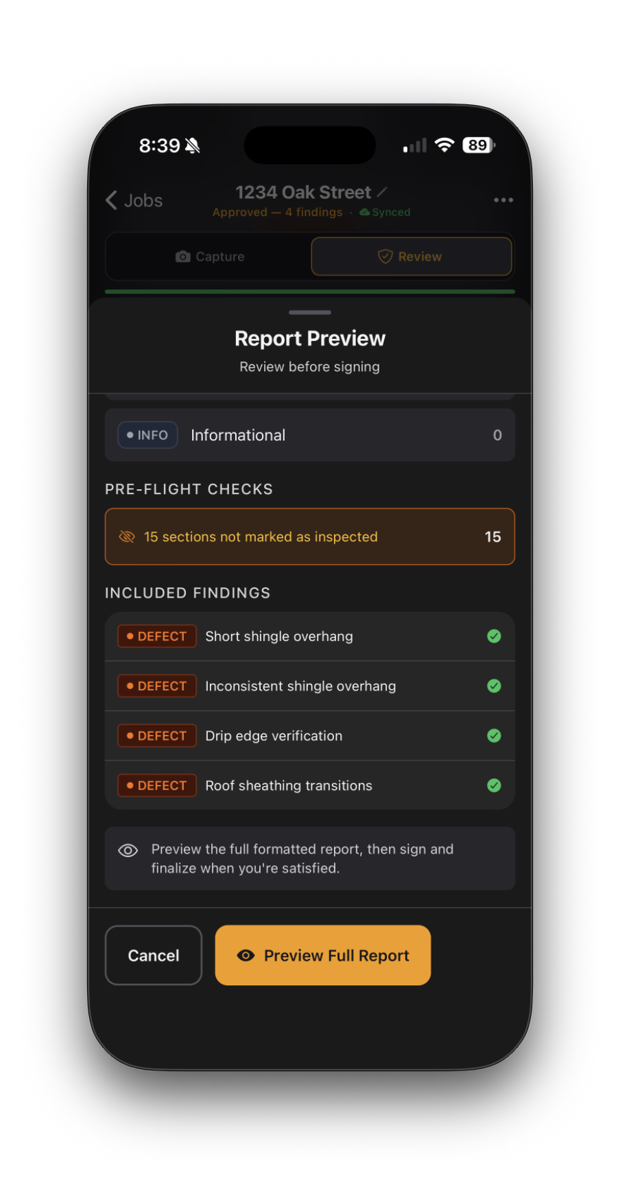 InspectScribe report preview with approved findings and a pre-flight check