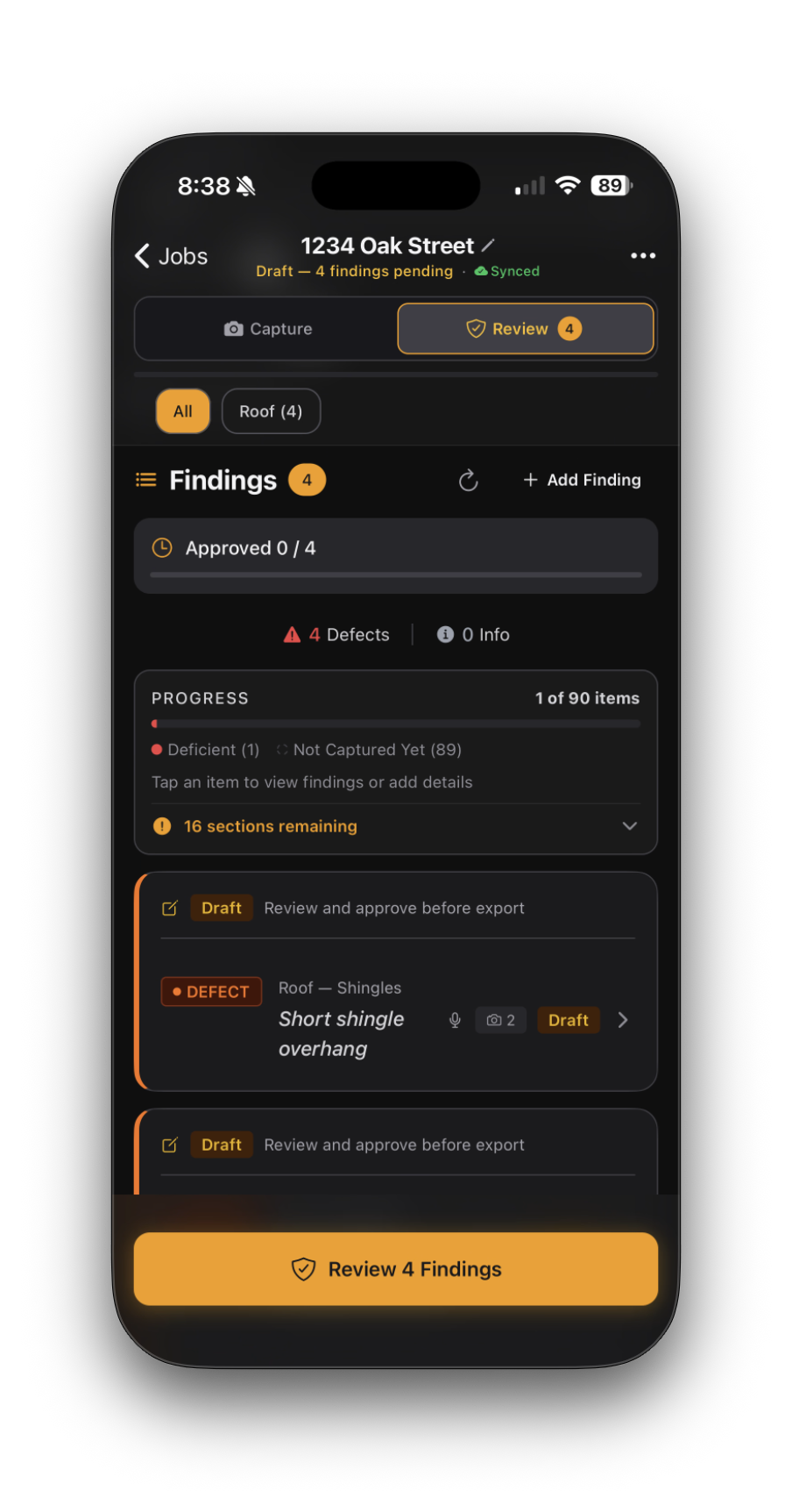 InspectScribe review screen showing four findings still marked as drafts