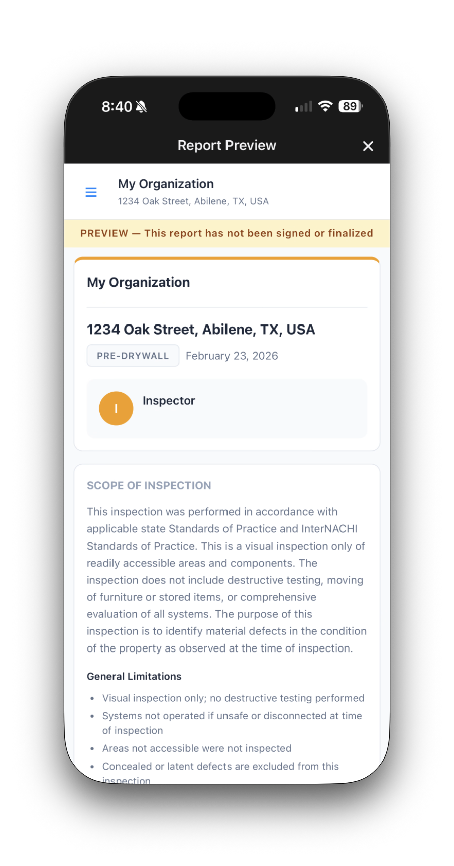 Report preview showing cover page with property address, scope of inspection, and general limitations